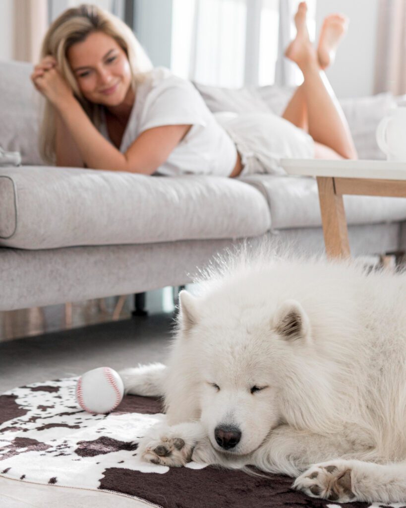 woman with pet on carpet