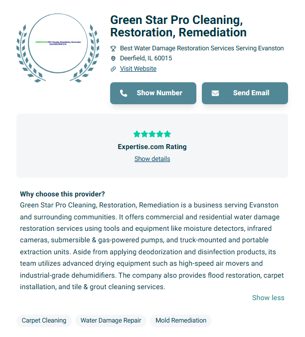 Green Star Pro Cleaning, Restoration, Remediation is a business serving Evanston